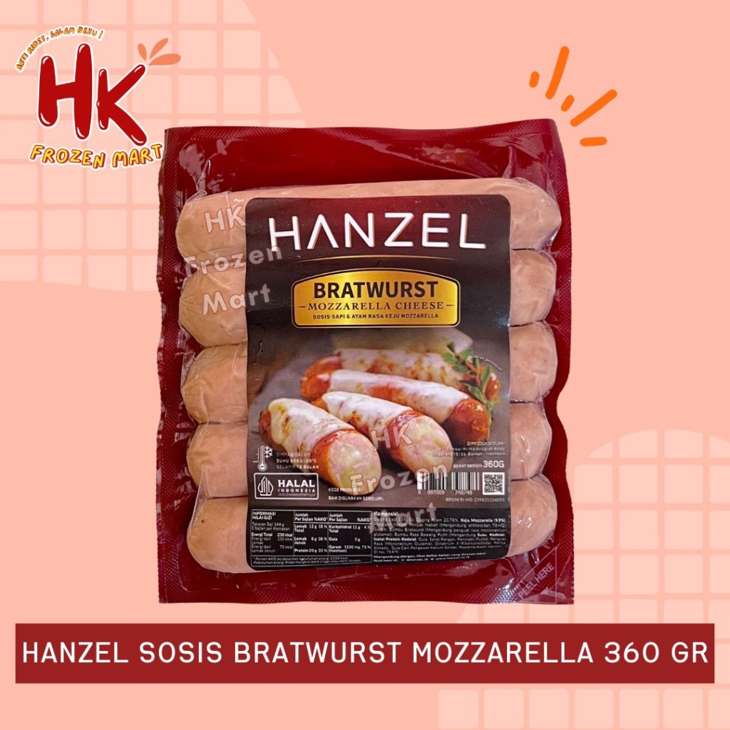 

Hanzel Sosis Bratwurst Mozzarella Cheese 360gr isi 5 jumbo | beef sausage premium HK Frozen Mart