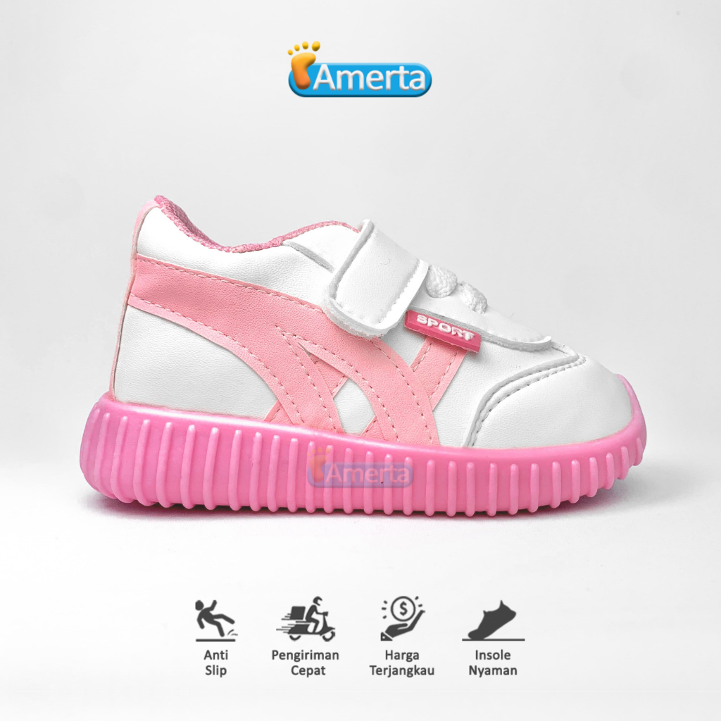 Sepatu Anak Laki-laki - Perempuan - Model Sneakers - Umur 10 Bulan - 3 Tahun - Putih List Pink