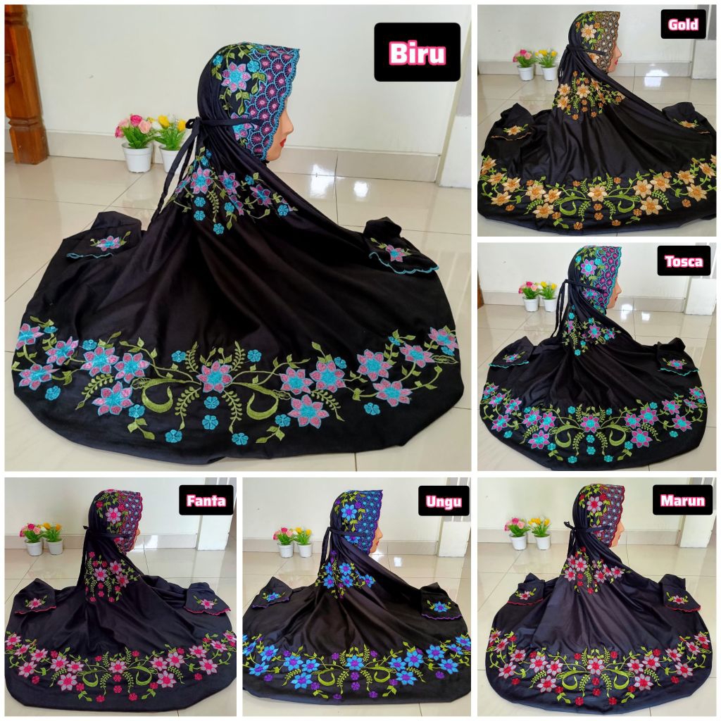 Mukenah Terusan/Lajuran/Langsungan Dewasa Bordir Polino Warna Hitam Bunga Rambat Mukenah /Lajur Lang