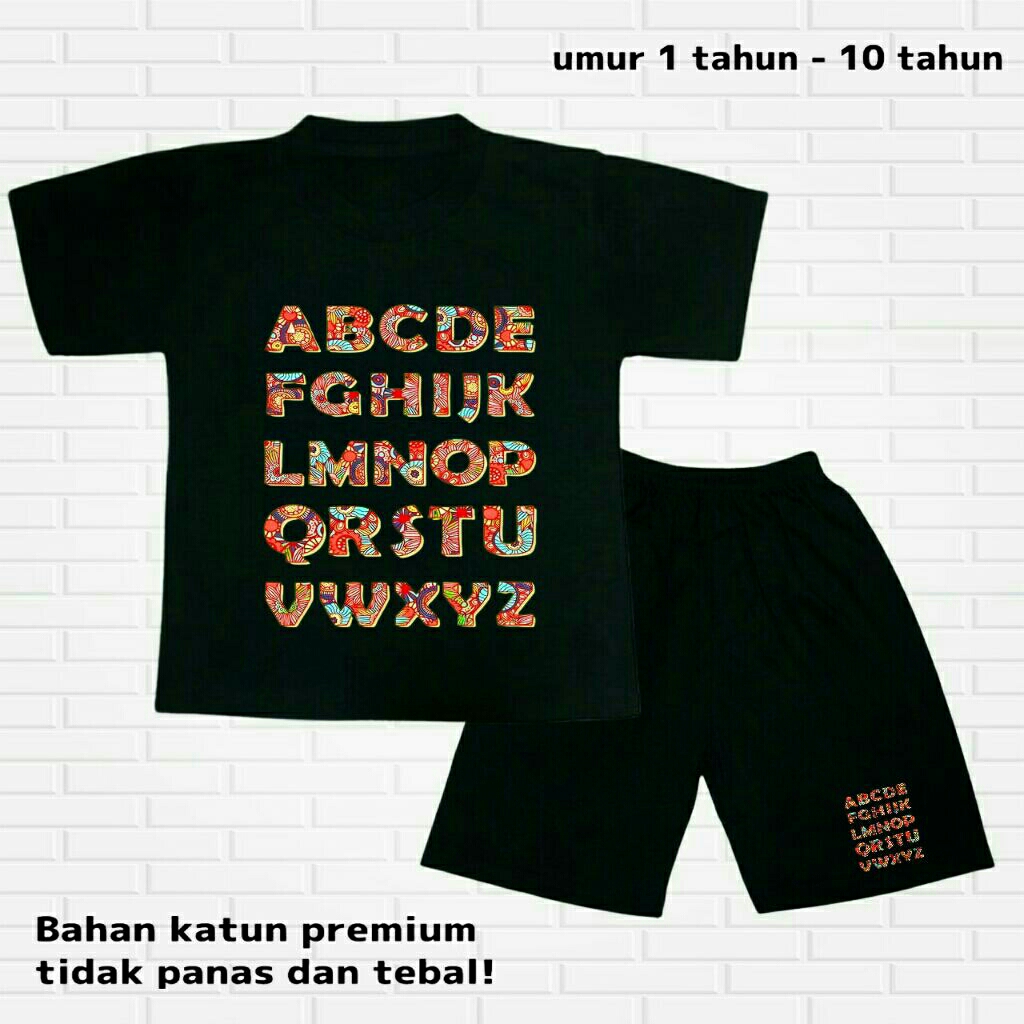 Kaos setelan katun premium anak-anak cowok/cewek murah, bermotif huruf ABC batik , dari umur 1-10 ta