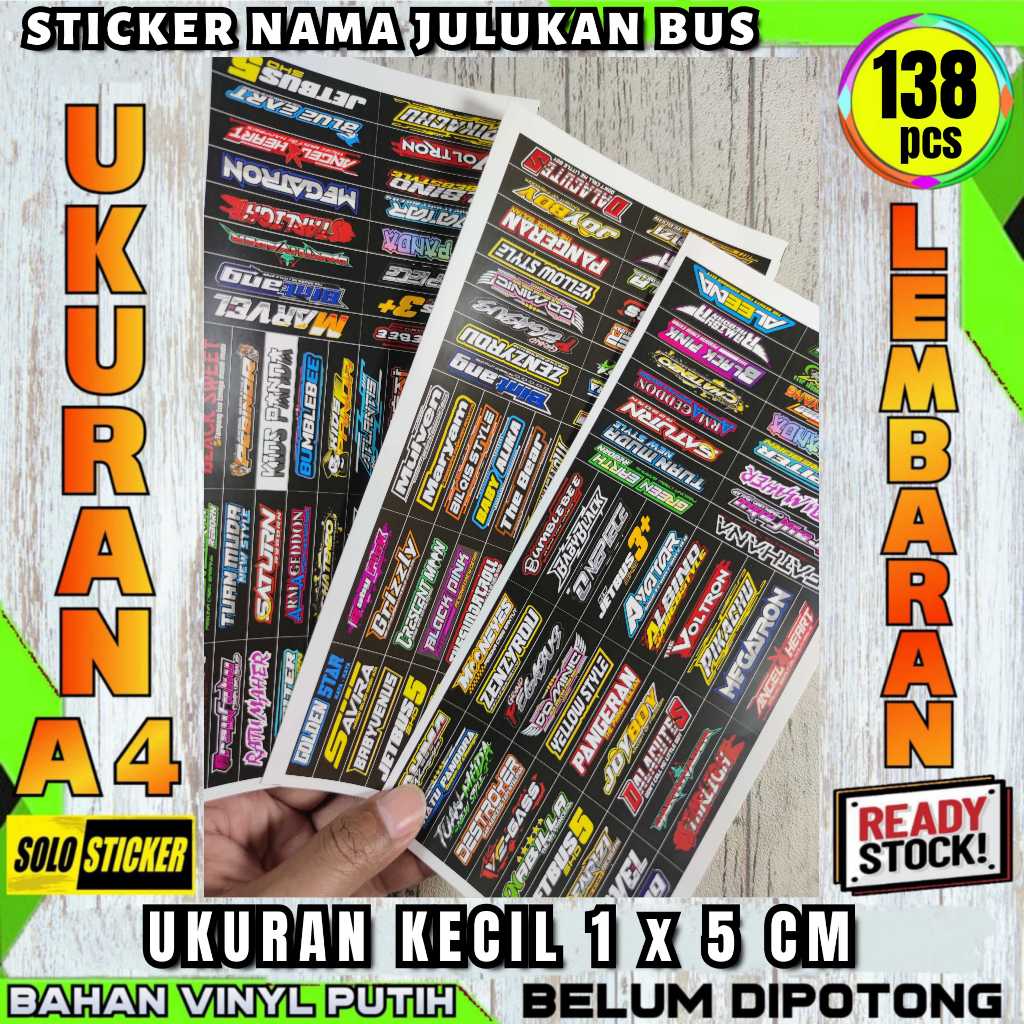 

138 pcs Sticker Nama Julukan Bus Lembaran A4 Anti Air Belum Dipotong
