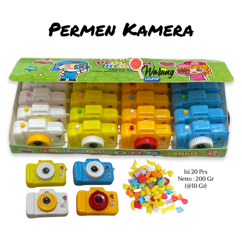 

Permen Sankie Kamera Rasa Buah – Isi 20 pcs x 10gr | Permen Mainan Anak Unik & Lucu