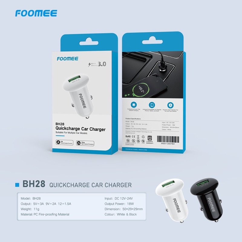 Foomee BH28 Car Charger Quick Charger 3.0 Charger Mobil Fast Charger 18W