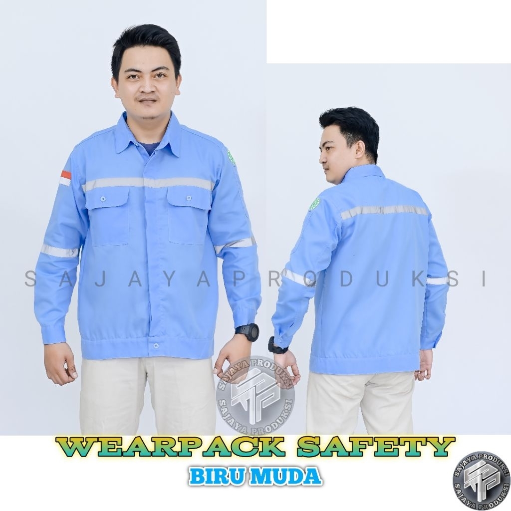 Wearpack safety warna biru muda baju kerja proyek kemeja safety lengan panjang