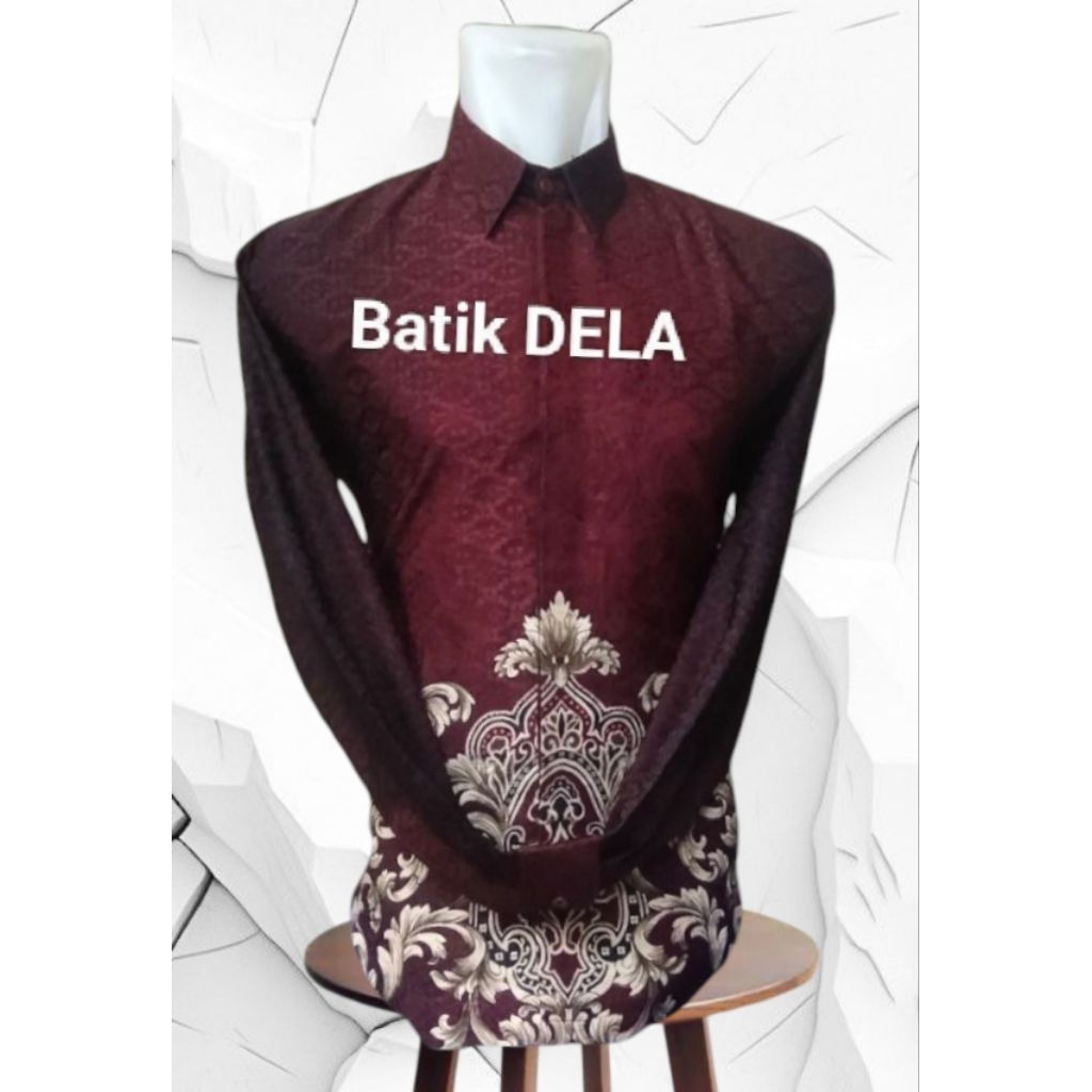 kemeja batik pria lengan panjang elegan DOBy mahkota merah marun