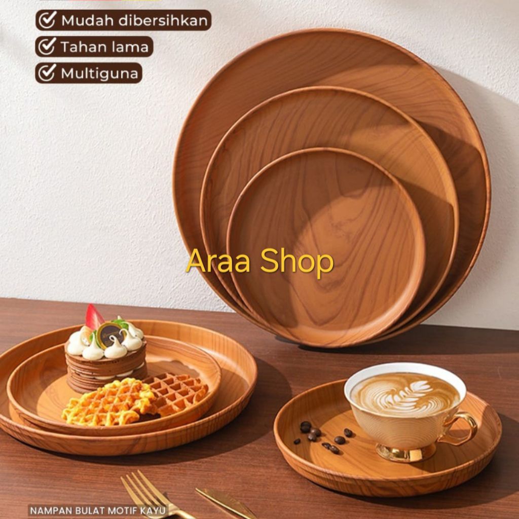 BMW Nampan Bulat Motif Kayu 38cm 32cm & 26cm Talam Fiber Bulat Kayu Wooden Tray Piring Baki Kayu Bes