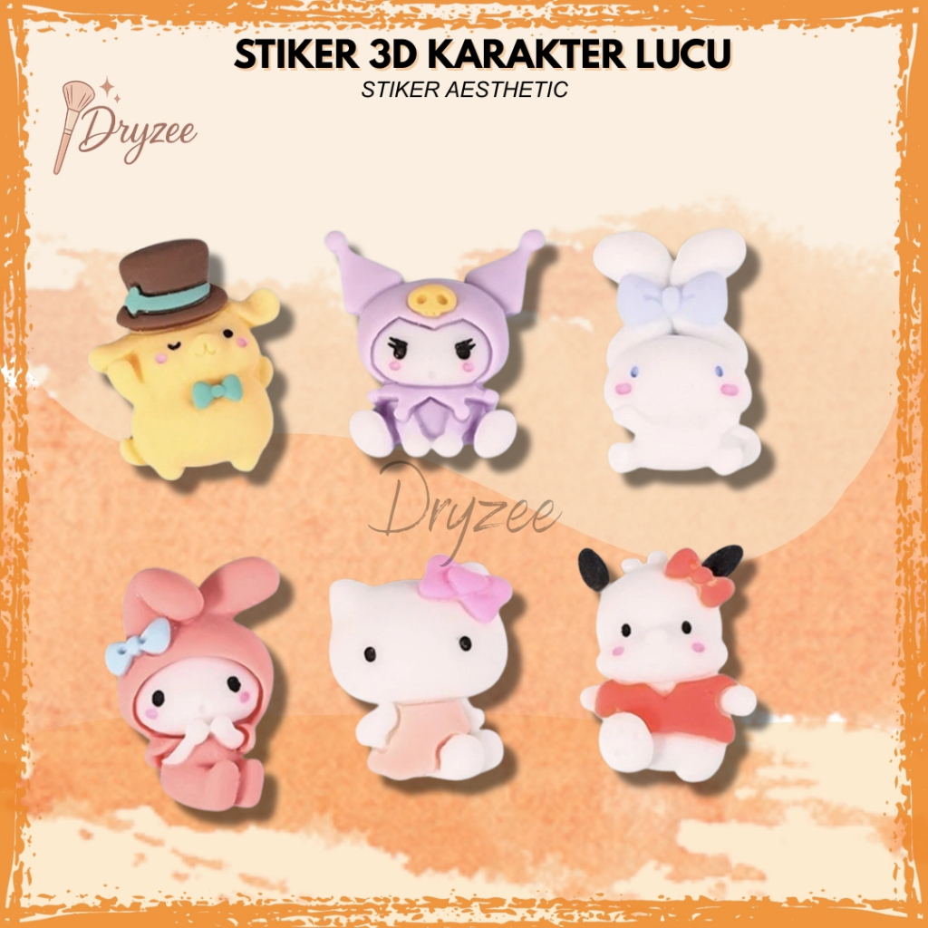 

6 PCS Stiker Aesthetic Sticker Botol Minum Hello Kitty Cinamoroll Kuromi Stiker Tempel 3D Timbul