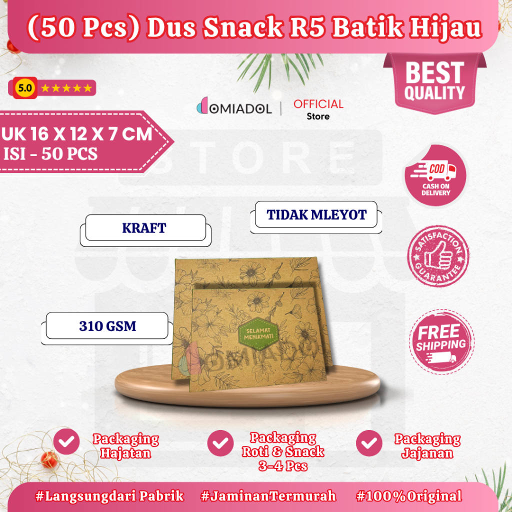 

(50 Pcs) Box Dus Kue R5 Motif Batik Hijau Premium - Ukuran 16x12x7,5 cm