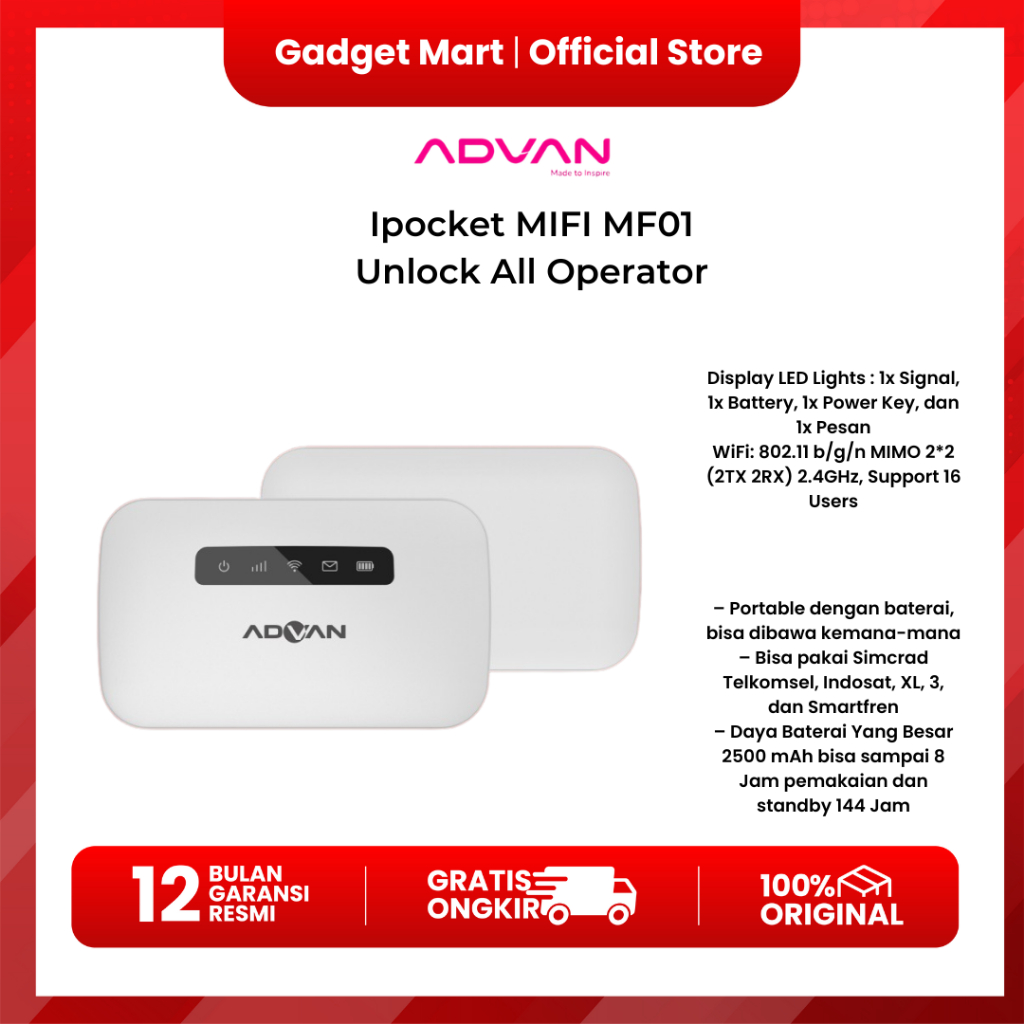 ADVAN Ipocket MIFI MF01 Unlock All Operator baterai 2500 mAh