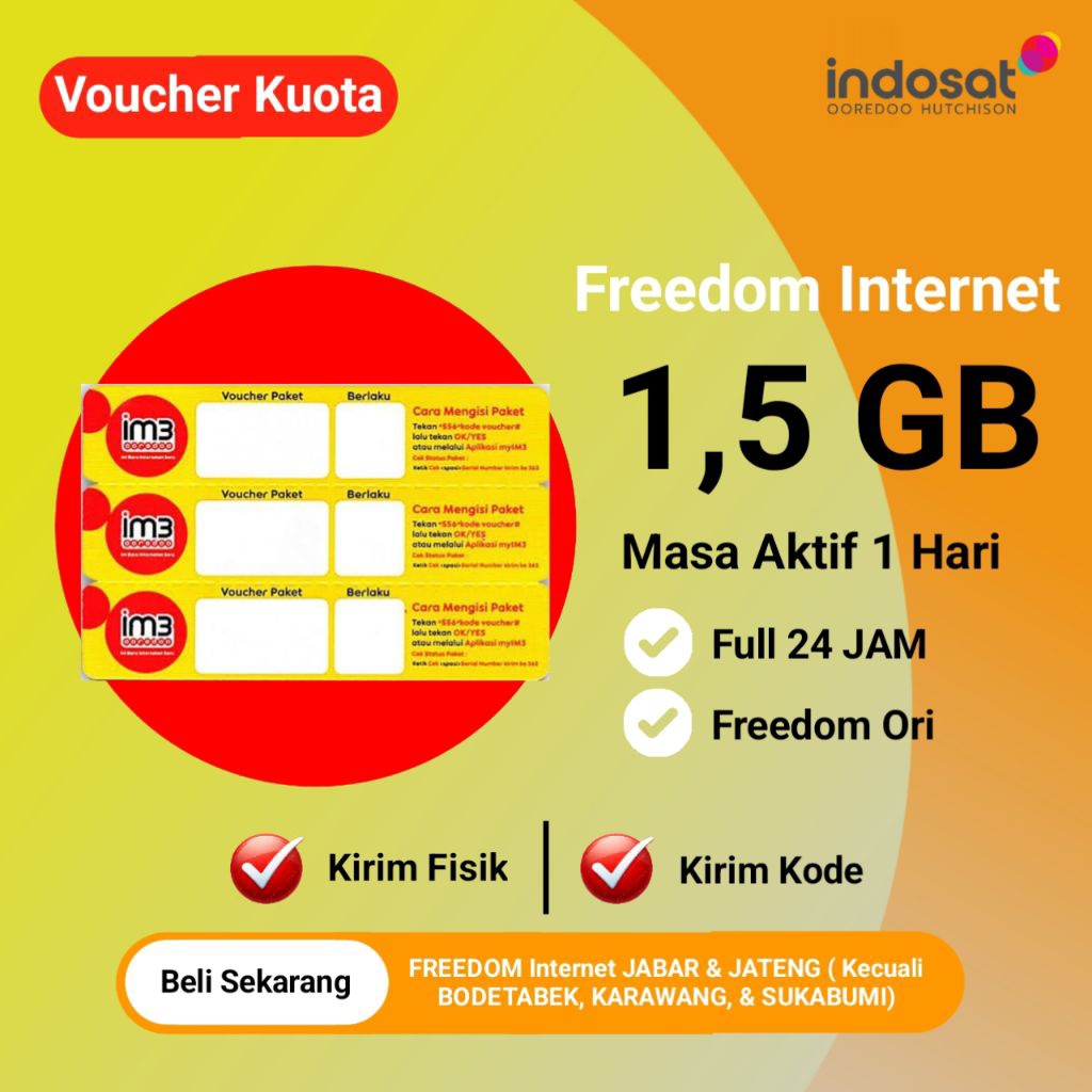 Voucher Indosat 1,5 GB - Voucher Kuota IM3 1,5 GB 1 Hari - Paket Freedom Internet