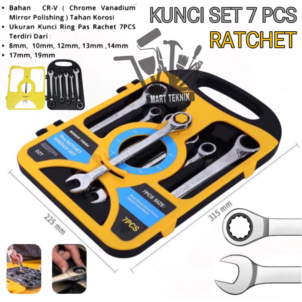 Kunci Ring Pas Rachet Set 7 Pcs Kunci Ring Pas 8MM - 19MM Kunci Kombinasi Krek 7PCS Ratchet