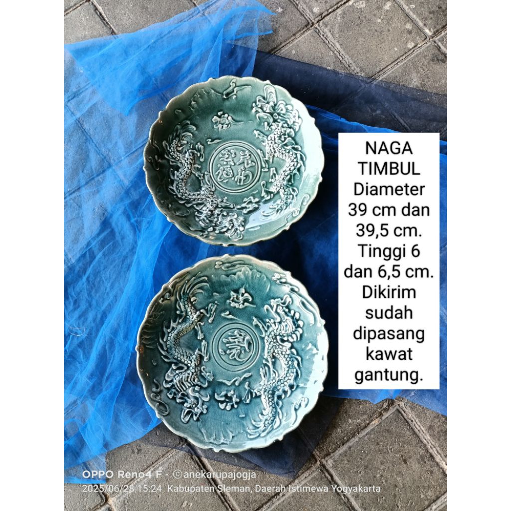 2 buah piring keramik lukis motif naga timbil hijau  untuk dekorasi hiasan dinding / pajangan / inte