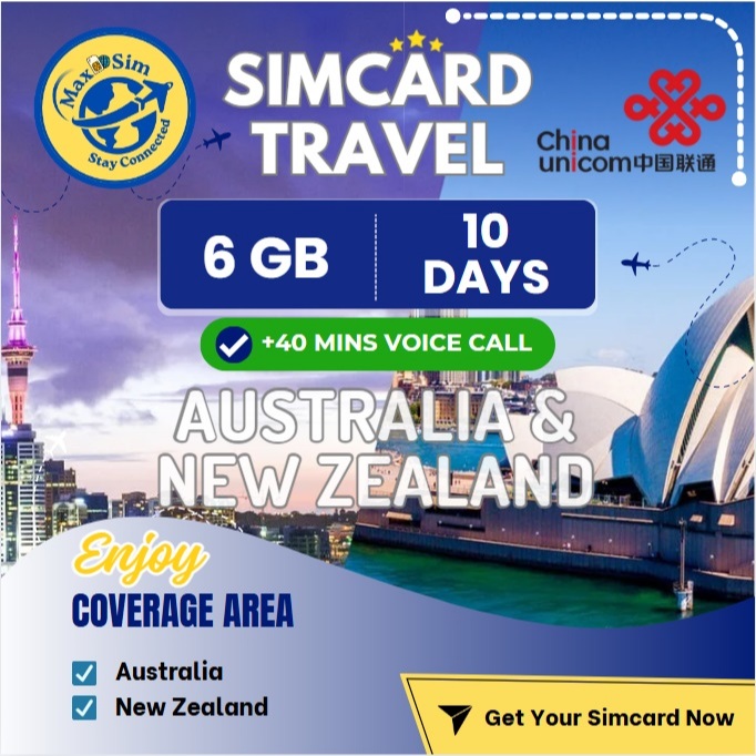 NEW CHINA UNICOM - AUSTRALIA & NEW ZEALAND 6 GB / 10 DAYS + EXTRA FREE 40 MINS VOICE CALL - HIGH SPE