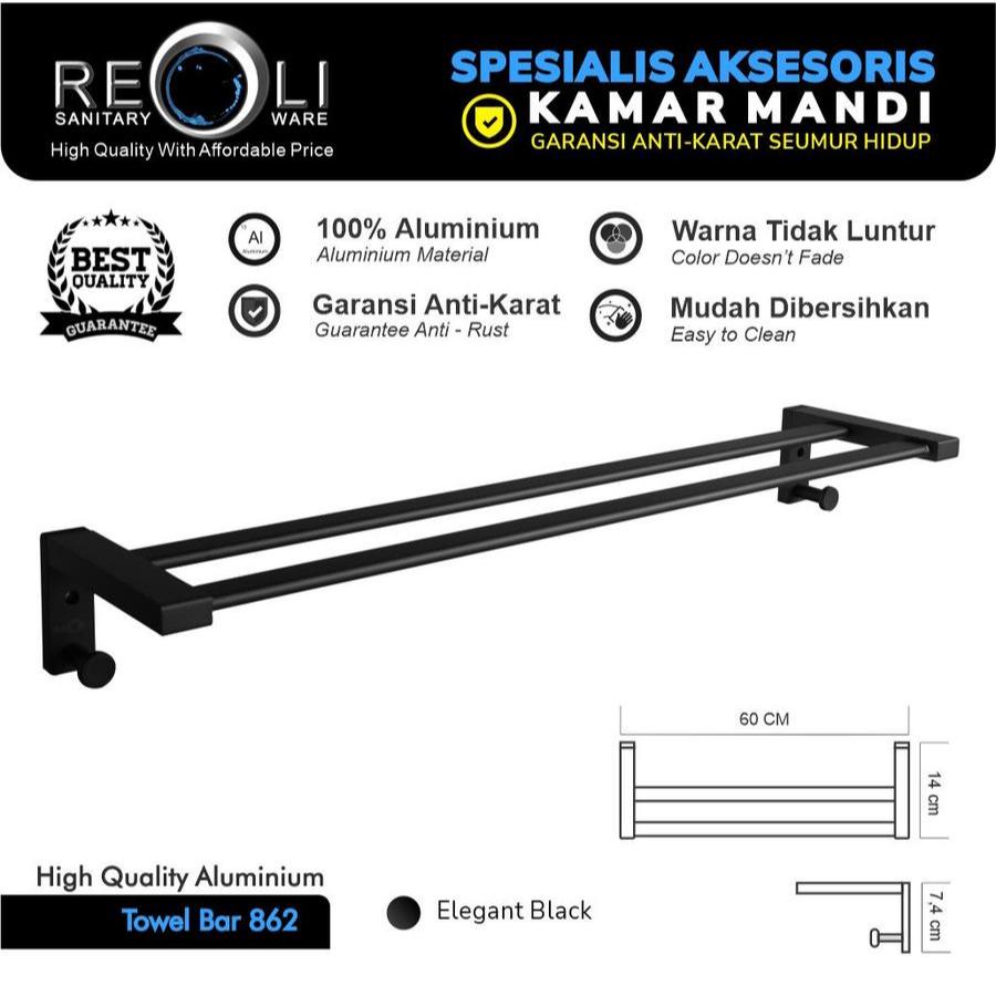 Rak Gantungan Handuk Dinding Aluminium Hitam Black REOLI 862 / Rak Handuk 2 Susun Alumunium Hitam Re