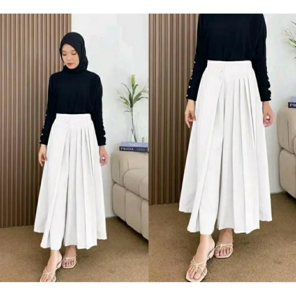Rok Pleats Panjang Premium-Rok Kulot Husna-Celana Rok Kulot Pleats  2 Kancing Terbaru
