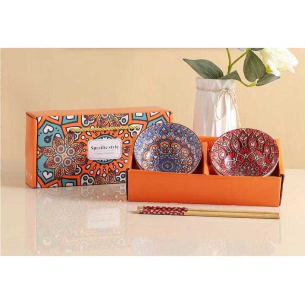 Mangkok Jepang Sumpit Isi 2 (Motif Random) / Mangkok Jepang / Mangkok Ramen / Mangkok Mie / Mangkok 