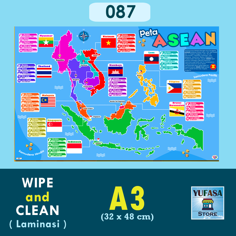 087 poster peta ASEAN - Poster Edukasi Anak - Poster belajar anak - Poster wipe and clean - perlengk