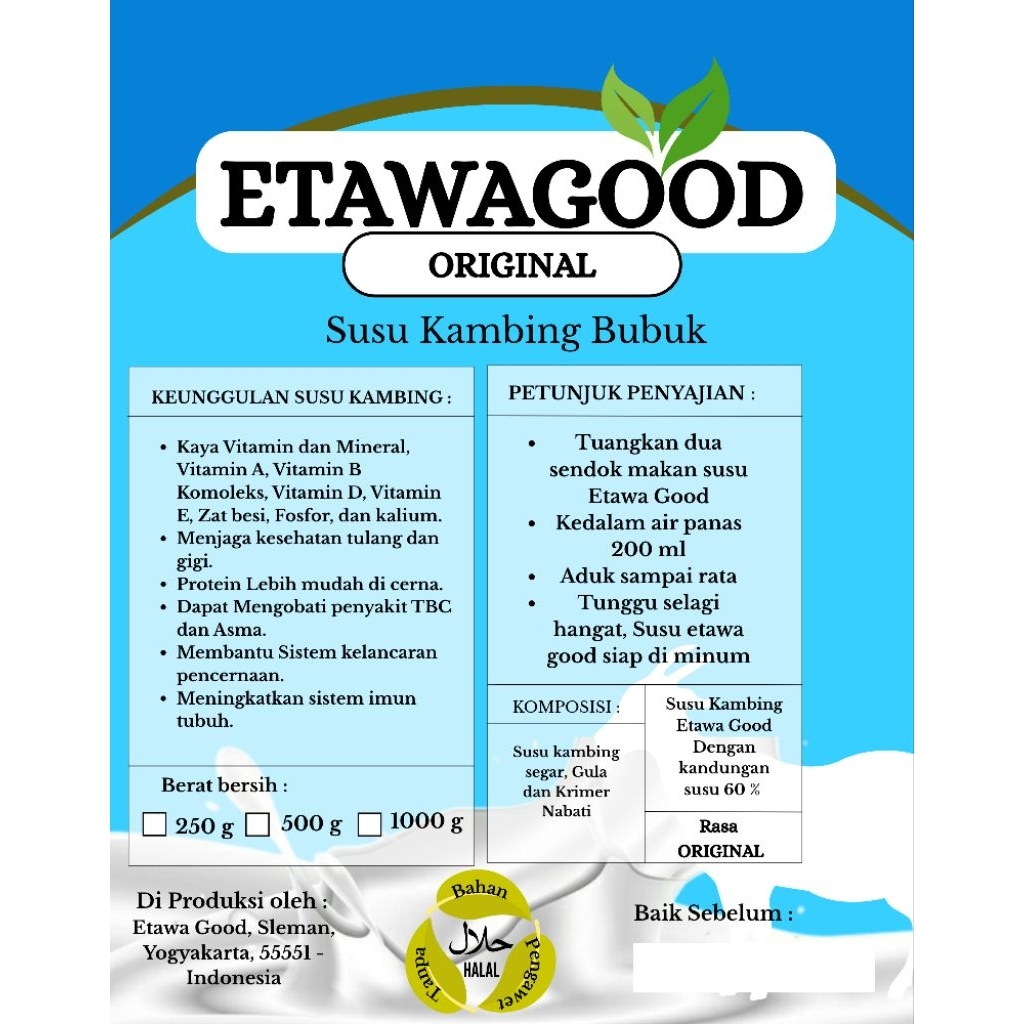 

EttawaGood - Original, susu kambing Bubuk ,60% susu. 1 kg, Langsung Produsen.