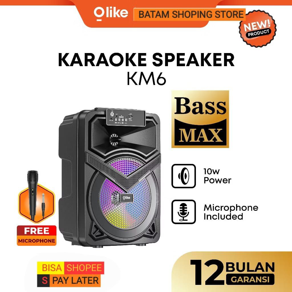 OLIKE Speaker Bluetooth KM6 10W Bass Stereo 5Jam Playing Time + TWS RGB | Karaoke Mic AUX TF USB [ B