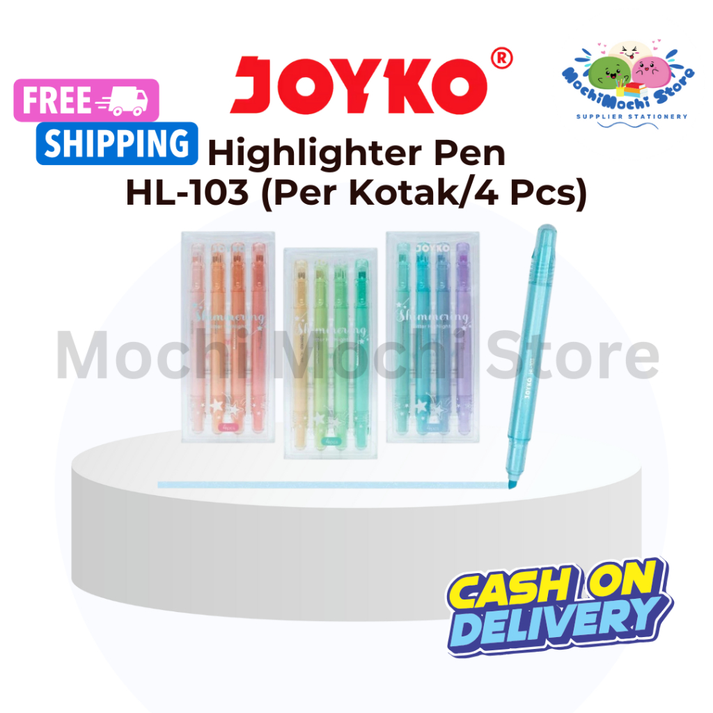 

PER KOTAK/4 PCS Highlighter Joyko HL-103 | HL-103A-4 | HL-103B-4 | HL-103C-4 | Penanda Berwarna Highlighter HL-103 Shimmering Glitter | Stabilo | Stabilo Highlighter | Penanda Warna Stationery
