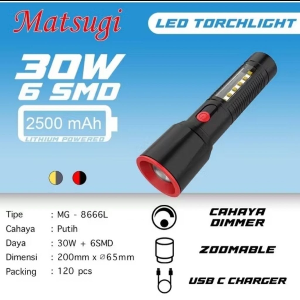 MATSUGI Senter Tangan LED Zoom Dimmer Matsugi MG-8666L 30W +6SMD