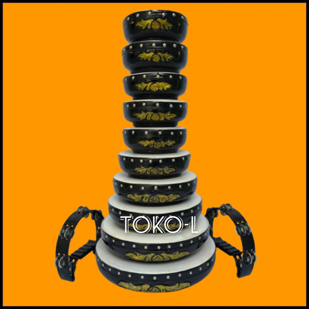 Rebana Qasidah Lasqi Ukir Super 1 Set Lengkap Susun 10+2 Tamborin + Tas