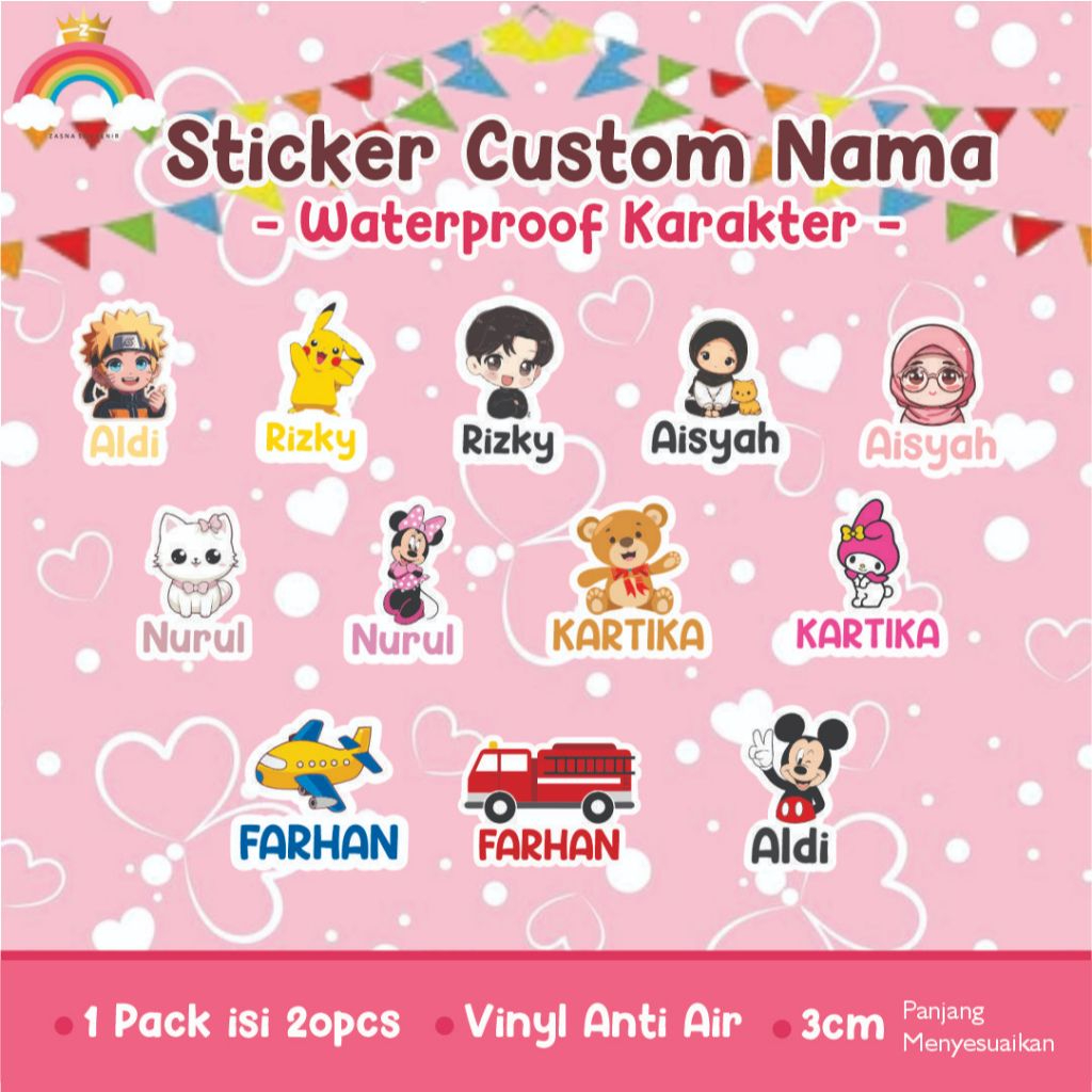 

Isi 20 pcs Sticker Stiker Label Nama Anak Custom Nama Karakter Anti Air Waterproof
