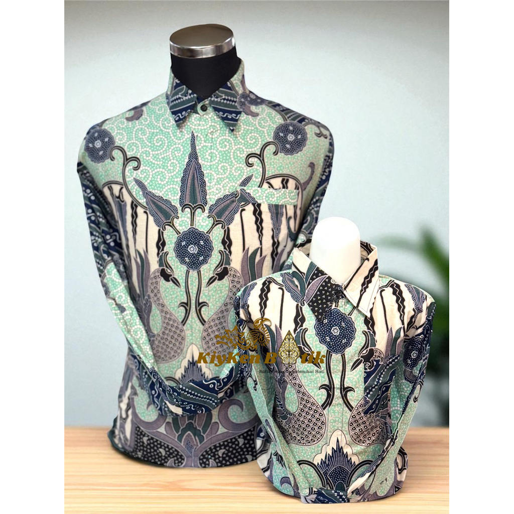 Kemeja Batik Couple (PASANGAN) Ayah dan Anak lengan panjang lapisan furing warna hijau mint ,wardah