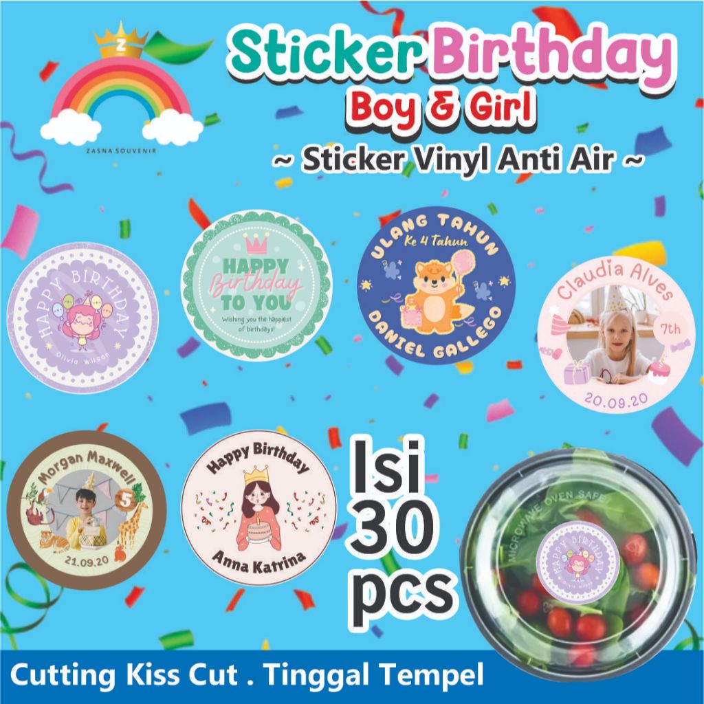 

ISI 18 PCS Sticker Ulang Tahun Anak Bulat Sticker Karakter Bulat Birthday Sticker Anak souvenir