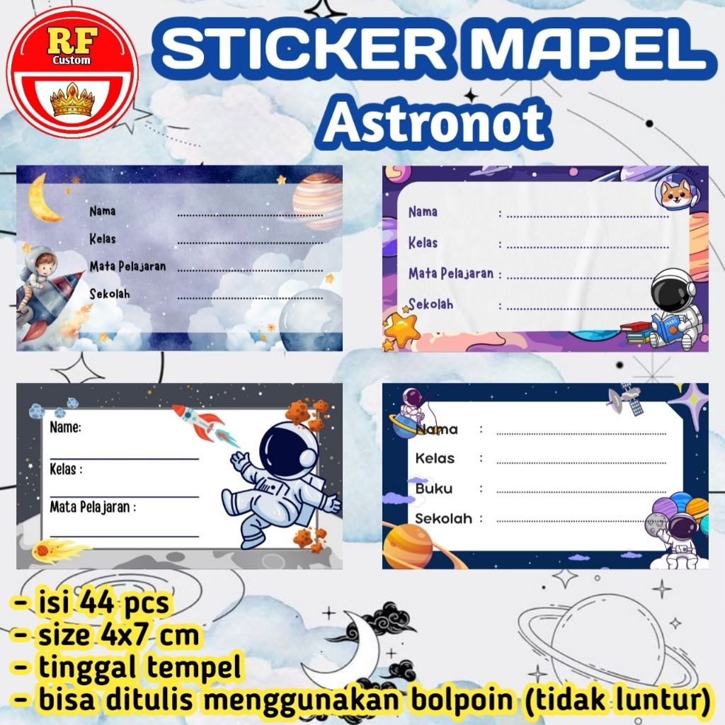 

44 pcs Sticker Mapel Tema Astronot - Stiker Label Nama Buku Pelajaran Sekolah Terbaru
