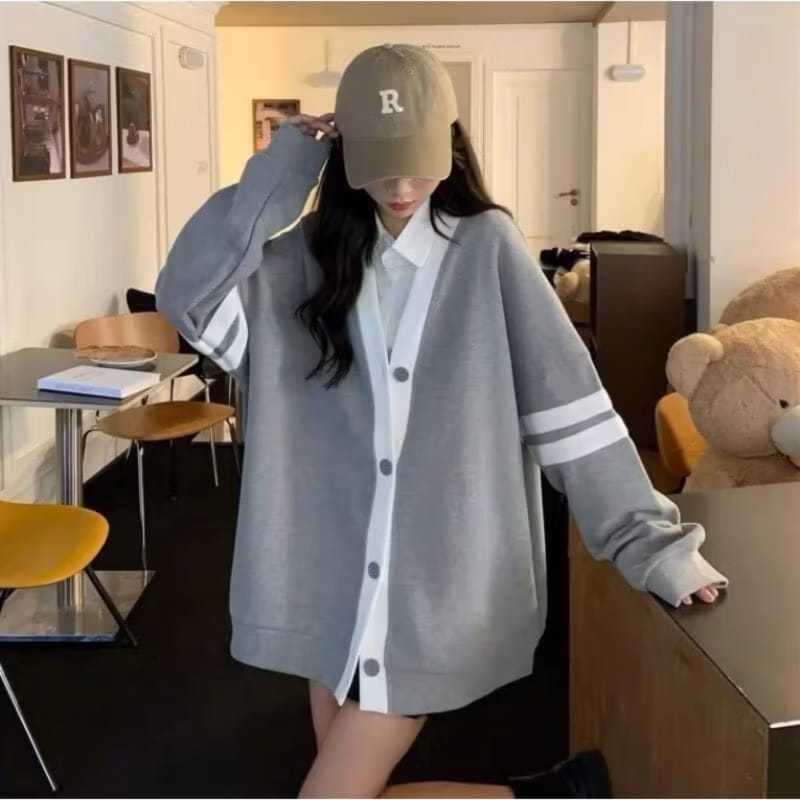 Cardigan Big Size ( S - 6XL ) Jacket CARDI BASIC POLOS kombinasi Lis Strip Korean Ulzzang Fashion Ov