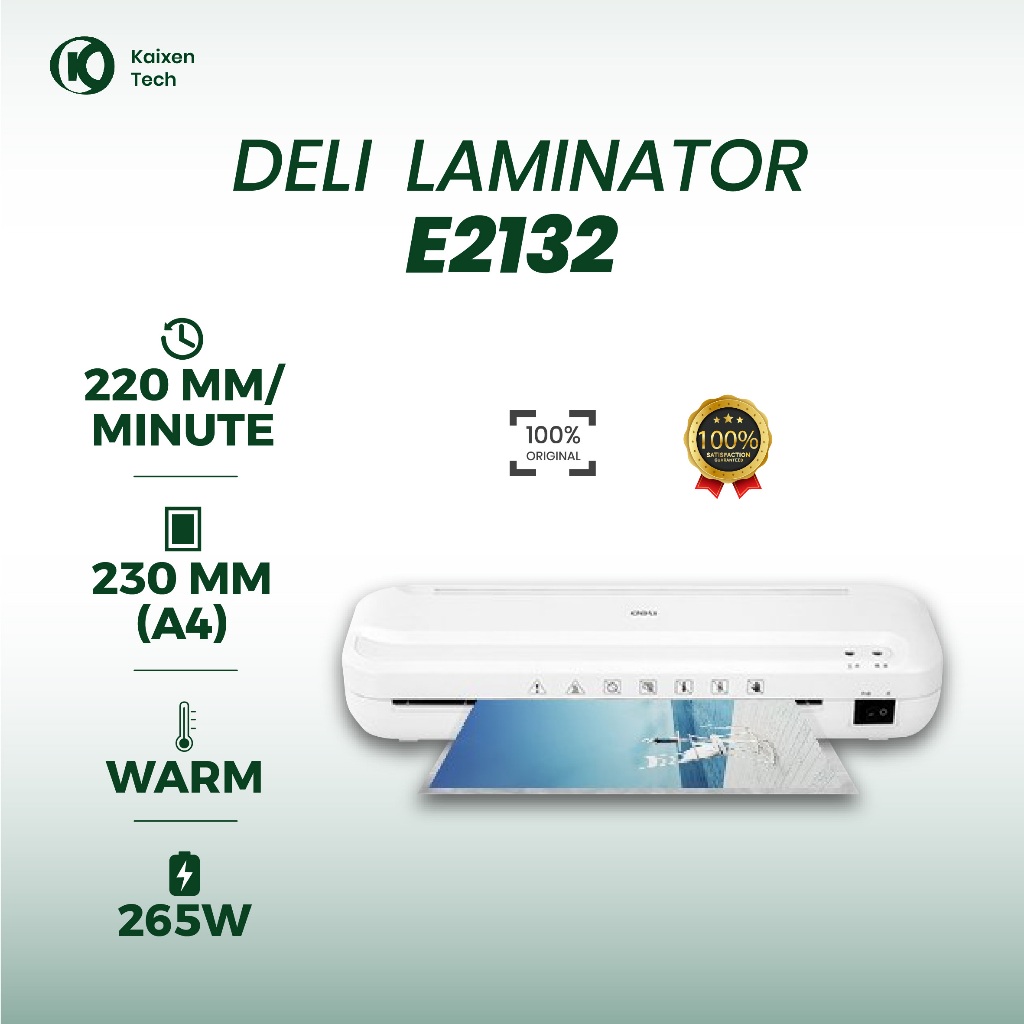

Deli E2132 Laminator A4 : Kecepatan 230 mm/menit, 70–100 mic, Proteksi Overheat & Indikator Siap