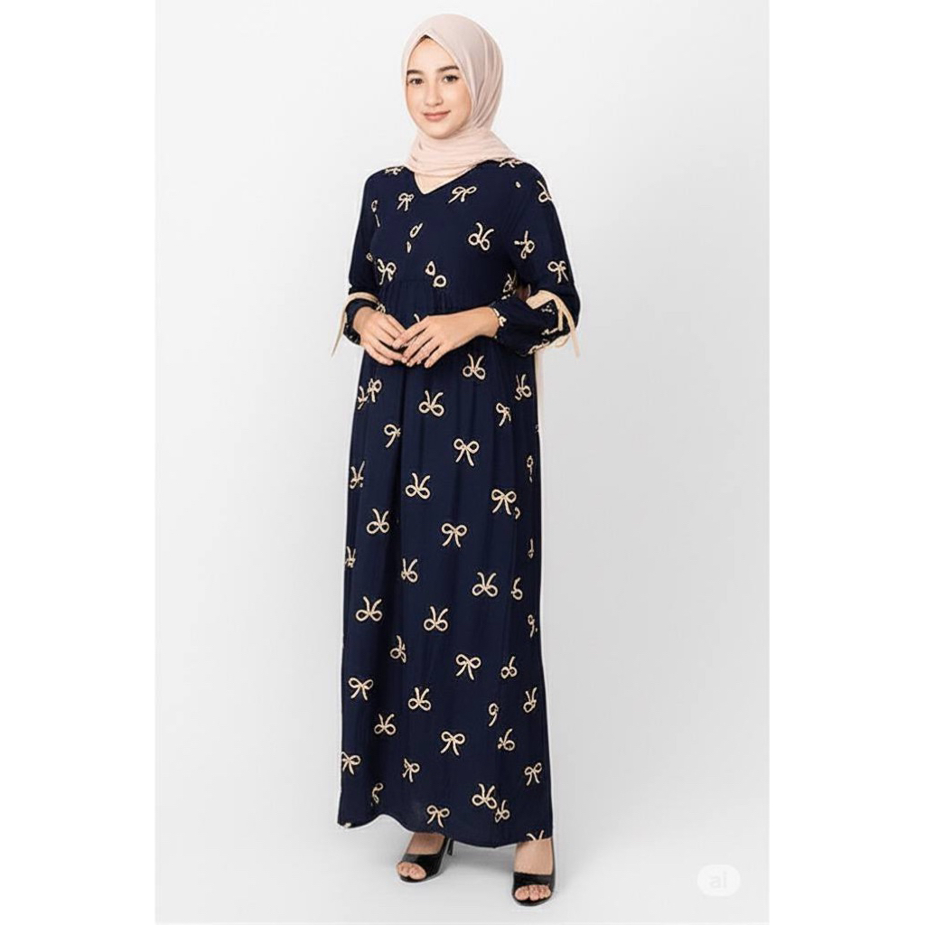 Velisa Maroon Ribbon Dress - Gamis Premium Motif Pita Elegan Muslimah Modern-Pita besar Navy