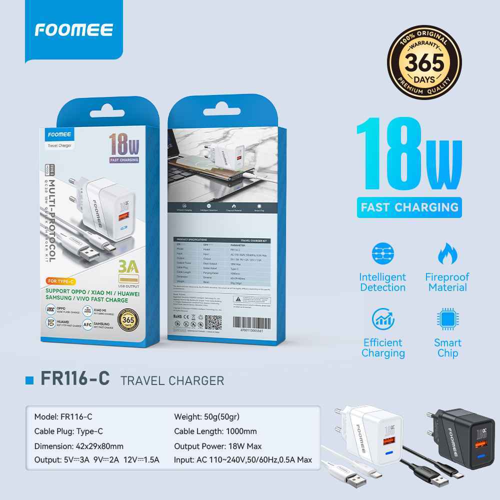 Foomee FR116-C Black Quick Charger Kit 3.0A 18W Fast Charging Type-C