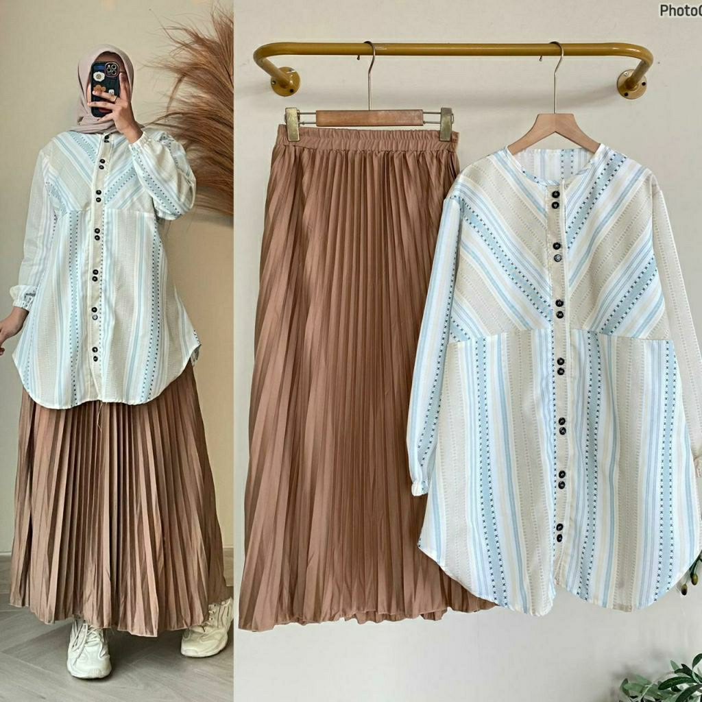 Manda Plisket Set Rok, setelan rok bahan Tunik katun import rok plisket Hyget premium ld 110 fit XXL