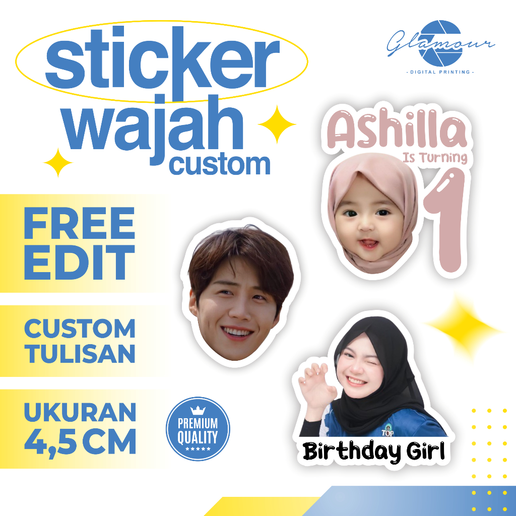 

Sticker Wajah Custom | Stiker Custom Foto Wajah dan Tulisan | Stiker Custom Muka dan Nama | Stiker Ulang Tahun | Anti Air Waterproof