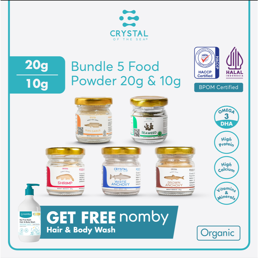 

Crystal of the Sea | Bundle 5 Food Powder (20GR & 10GR) | Bubuk Ikan Teri Nasi | Bubuk Udang Rebon | Bubuk Teri Jengki | Bubuk Rumput Laut/Umami | Bubuk Ikan Gabus / Penyedap Kaldu MPASI NON MSG PAKET HEMAT