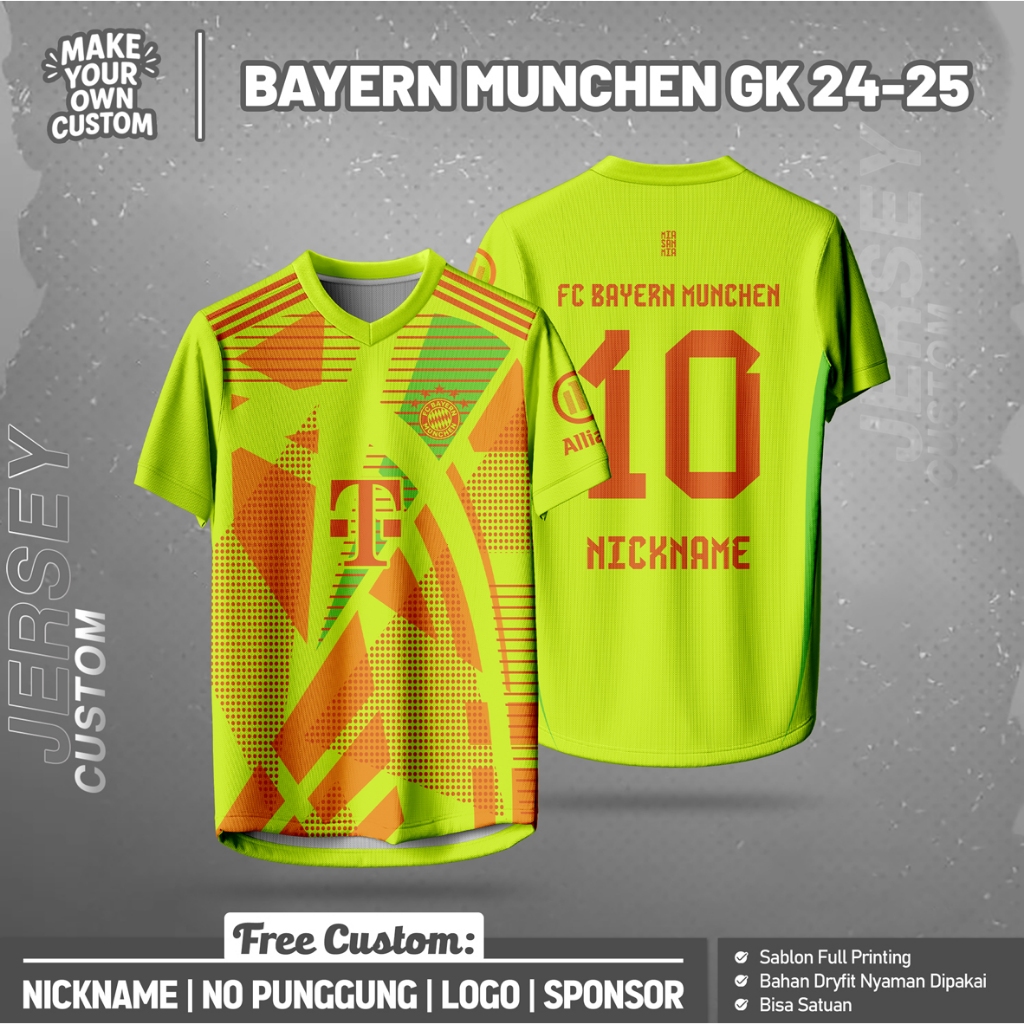 Jersey Bola Desain BAYERN MUNCHEN GK 24 Lengan Pendek Free Custom Nama & No Punggung Full Printing