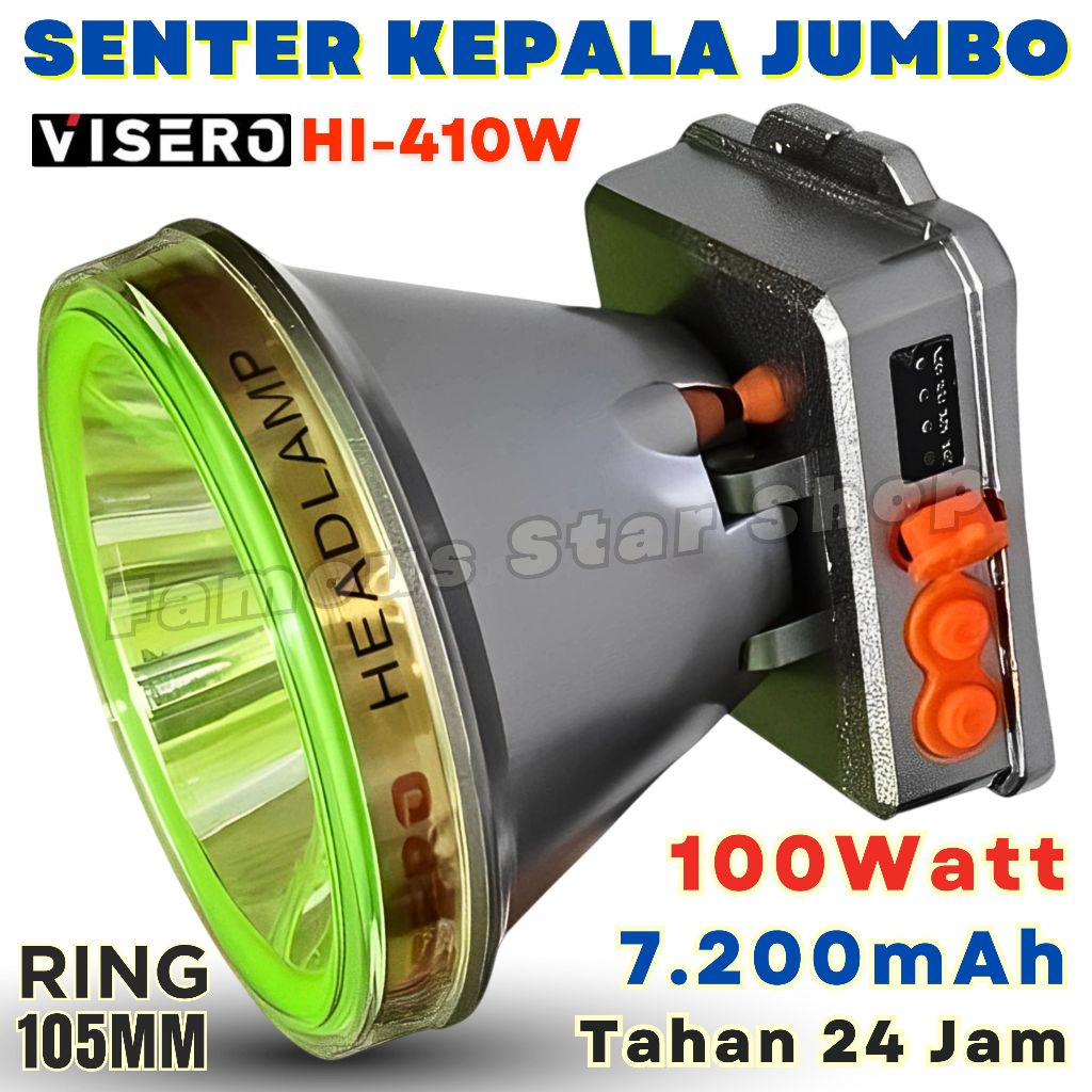 Senter Kepala Premium 100W | 7.200mAh VISERO Cahaya Putih Tahan 24 Jam Baterai Cas Isi Ualng | HI-41