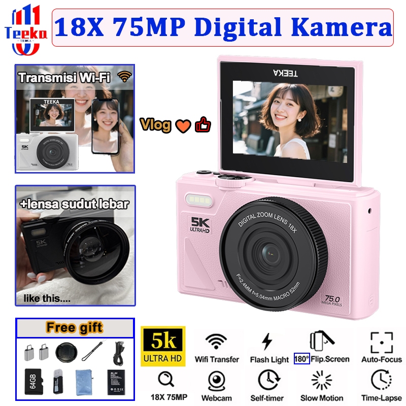TEEKA W1 Wifi 5K Kamera Digital 80MP 75MP Retro Kamera Zoom 18x Dukungan Selfie Hadiah Pemula Kamera