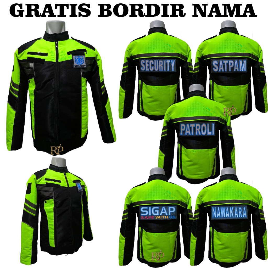 Jaket Taslan Anti Air Security Satpam Model V Hijau Kombinasi hitam Terbaru