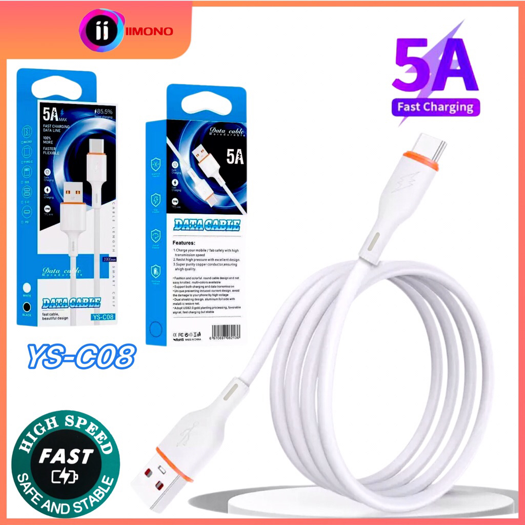 5A Fast Charging Kabel Data Silicone  USB Type-C Lembut & Tahan Lama - Support COD  YS-C08