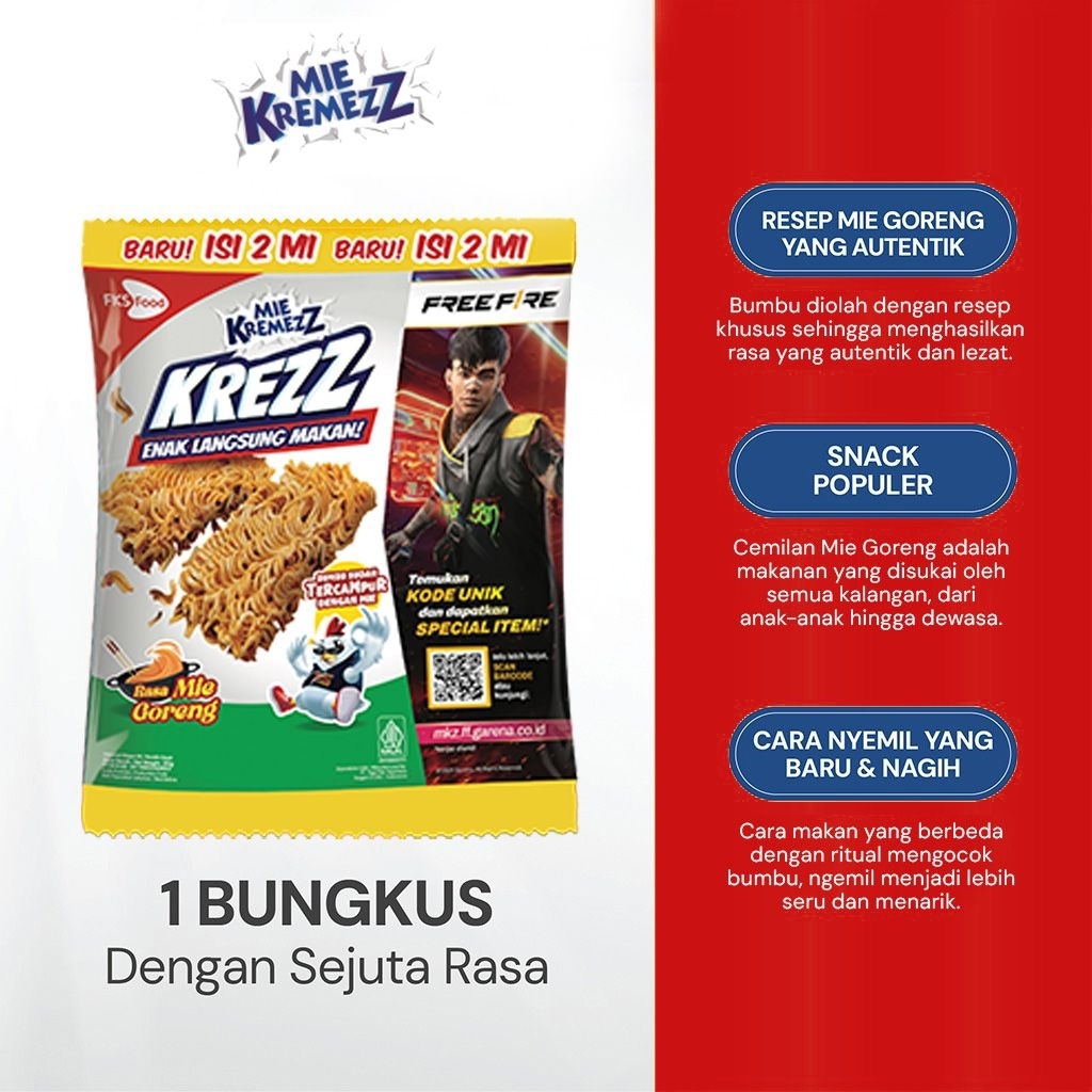 

Mie Kremezz Krezz - Mie Goreng - 1 karton (6 renceng) - 11pcs - 30gr