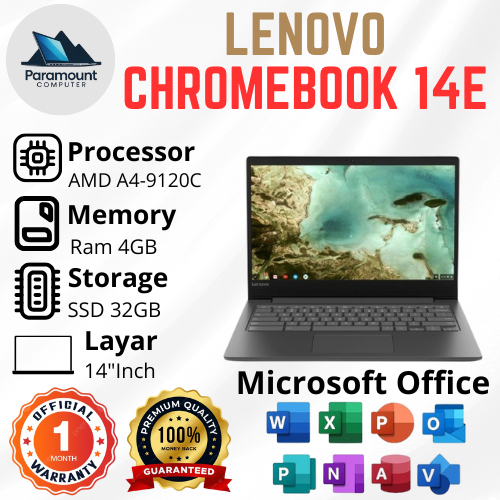 Laptop Chromebook Lenovo 14E AMD A4-9120C Ram 4GB SSD 32GB, Layar 14"Inch ( Touchscreen )