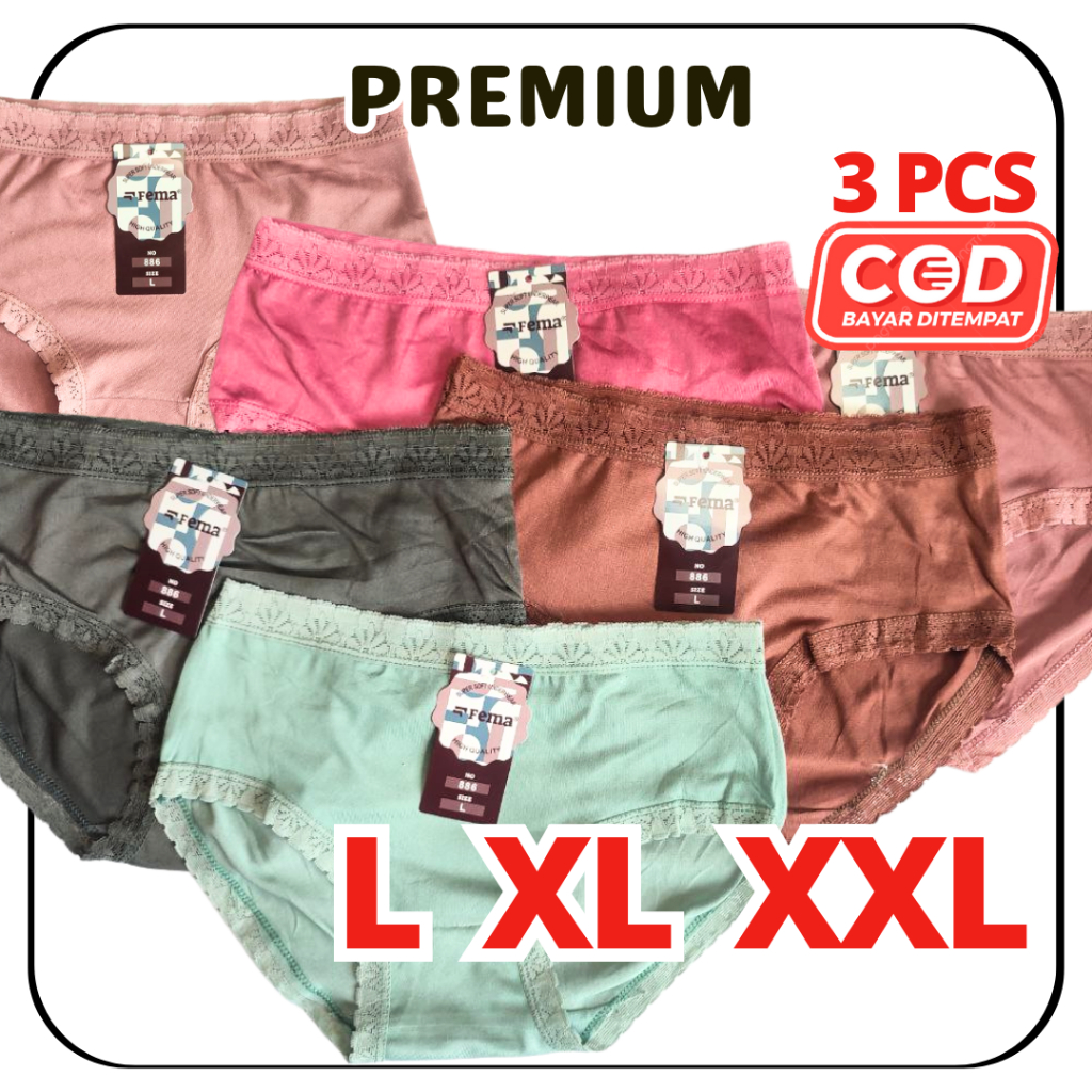 3 PCS CD Celana Dalam Wanita Cewek Dewasa Katun Renda FEMA 883 886