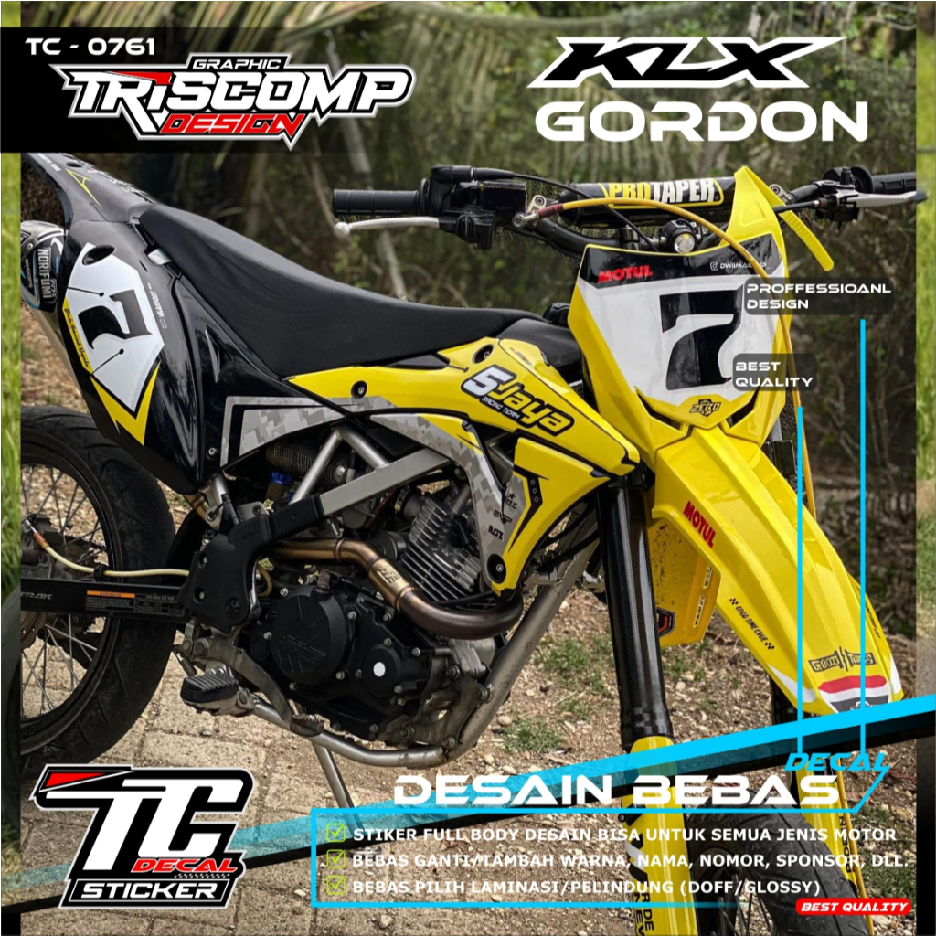 DECAL STICKER GORDON / BODY KLX GORDON FULLBODY MOTIF WARNA HITAM KUNING SUPERGLOSSY TEBAL - STIKER 