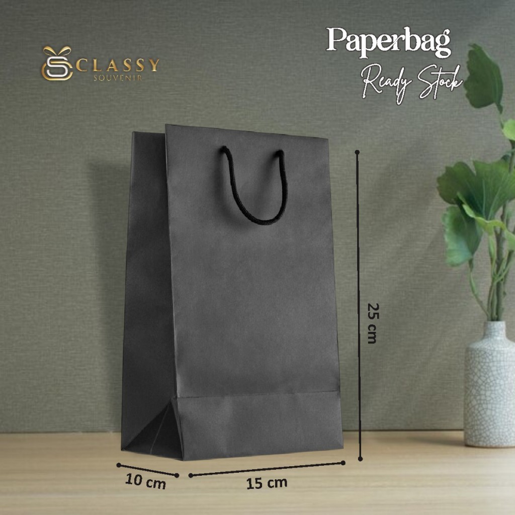 

[12 PCS] PAPER BAG HITAM POLOS READY STOCK LUSINAN - PAPERBAG SOUVENIR PERNIKAHAN UKURAN 15 X 25 X 10