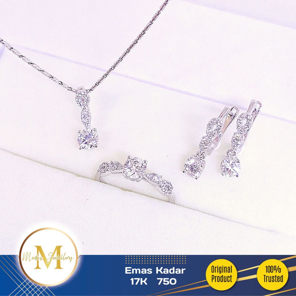MODIS JEWELLERY - Perhiasan Set Tear Drop Solitaire Putih - Emas 17k  750