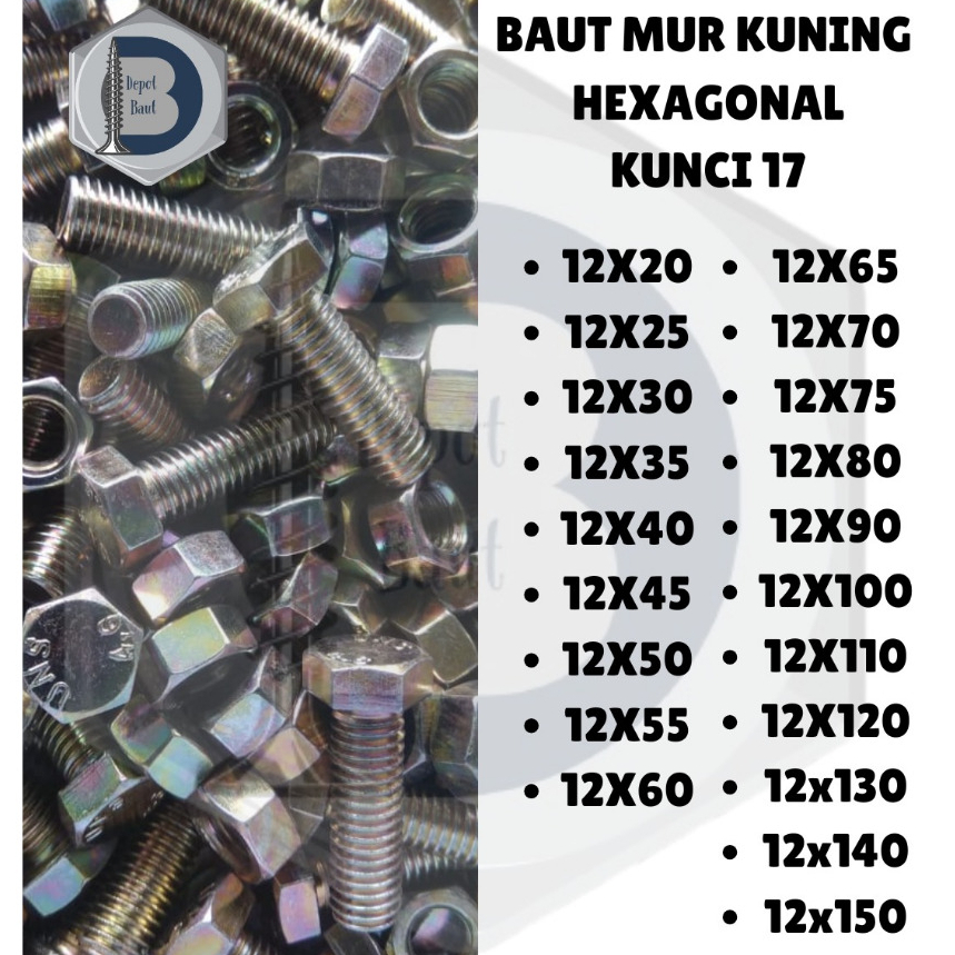 PAKET 1 SET BAUT 17 + MUR M12 (PANJANG 2CM-15CM) KUNING KUNCI 17 DRAT PITCH 1.25