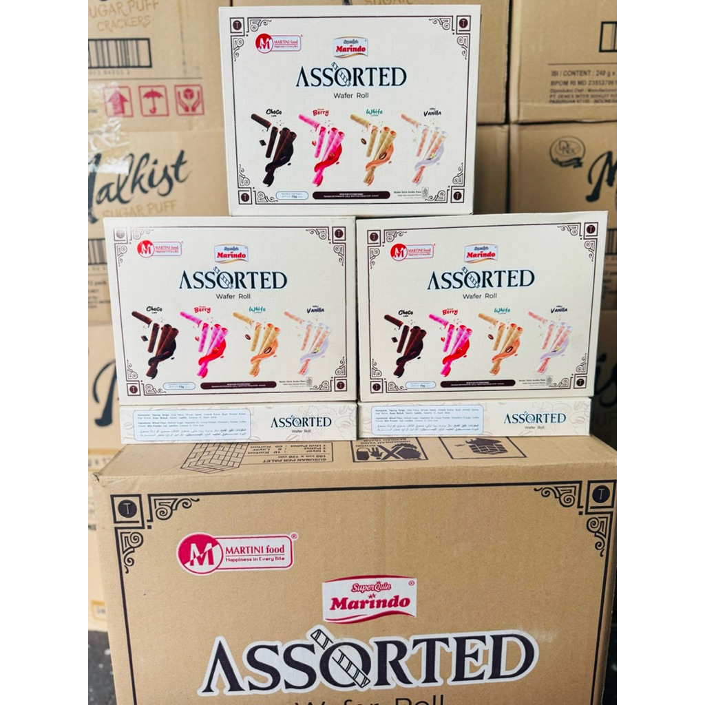 

Marindo Wafer Roll Assorted Double Coklat 75gr 1 Dus isi 24